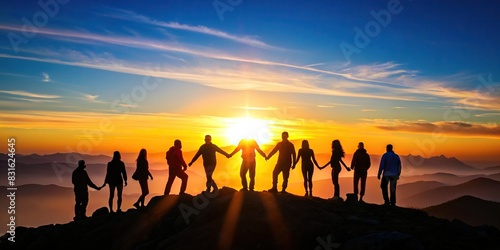 Scenic view of a mountain sunset with a clear sky and a group of people holding hands at the top in silhouette