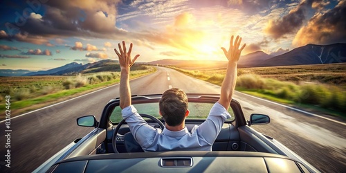 Scenic view of a convertible car driving on a road trip with arms raised to the sky photo