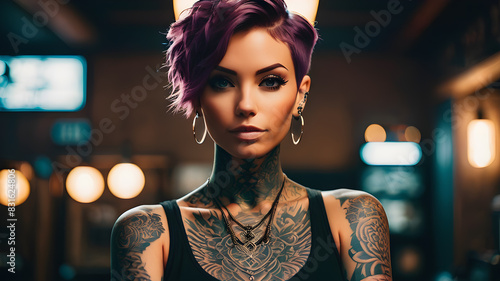 Portrait of realistic woman with tattoos, Generative AI