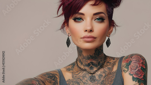 Portrait of realistic woman with tattoos, Generative AI photo