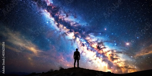 Silhouette of man gazing up at Milky Way galaxy in awe photo