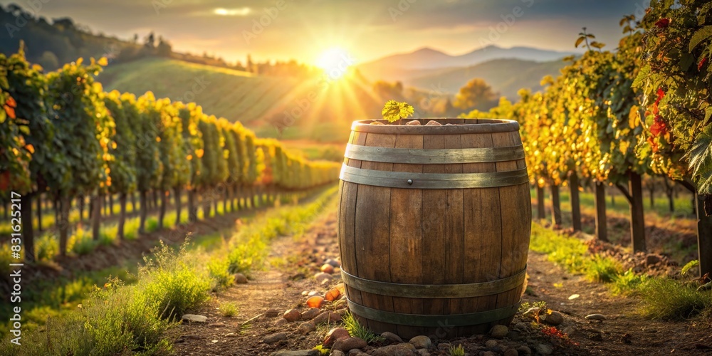 A rustic old wooden barrel sitting in a vineyard, with sunlight streaming through the aged wood