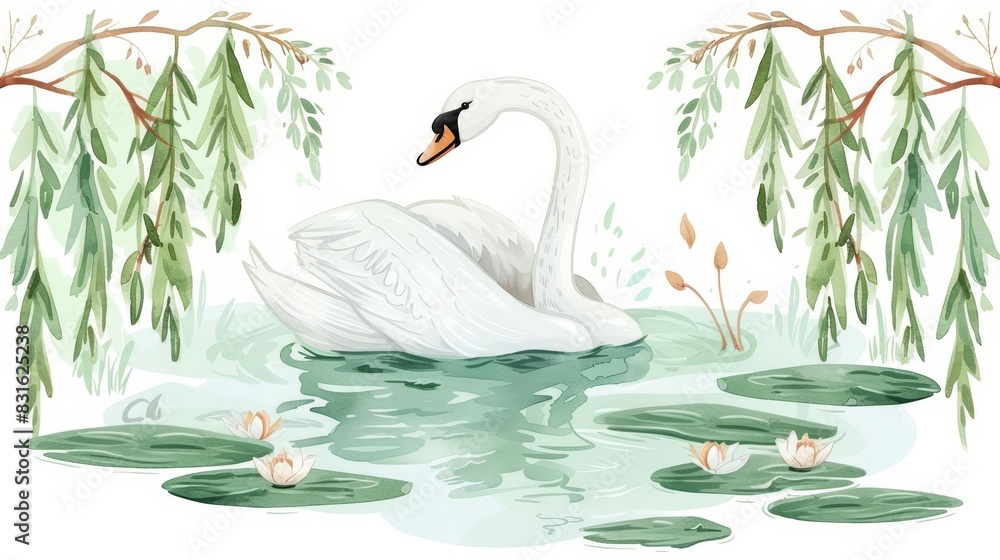 Obraz premium A kawaii water color of an elegant swan, gliding gracefully on a serene lake surrounded by weeping willows, Clipart isolated on white