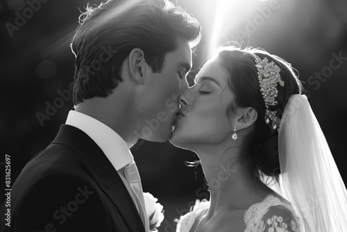 Romantic black and white photo of a bride and groom kissing, capturing the love and tenderness of their wedding day.