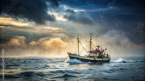 Fishing boat in the misty North Sea with copy space in the cloudy sky