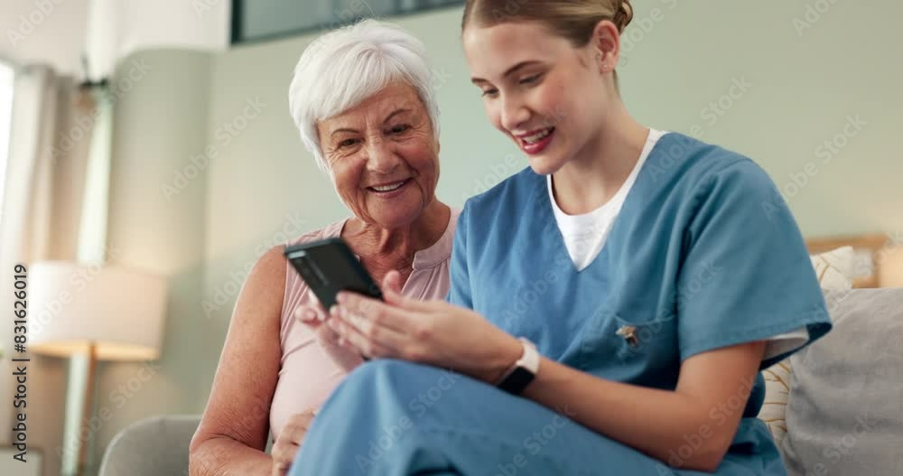 Phone, nurse and elderly woman on sofa to browse internet, support and mobile app together. Retirement, nursing home and caregiver for senior person on smartphone for social media or online meme Phone, nurse and elderly woman on sofa to browse internet, support and mobile app together. Retirement, nursing home and caregiver for senior person on smartphone for social media or online meme
