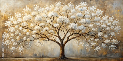 White-flowered tree painting on canvas for elegant wall decor