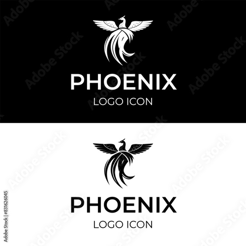 Phoenix bird in simple black logo design with outstretched wings and flowing curved lines tail
