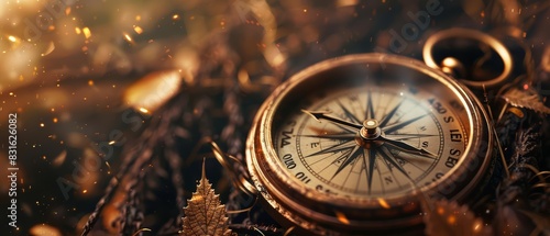 A single compass with imaginative elements, a unique background, and advanced themes to evoke a sense of wonder with a blurry backdrop and copy space
