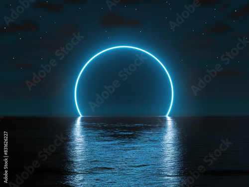 Glowing neon circle on horizon over calm ocean at night, reflecting on water surface with stars in sky.