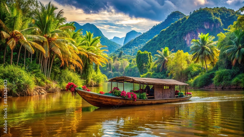 Traditional wooden boat floating on the Mekong River surrounded by vibrant foliage