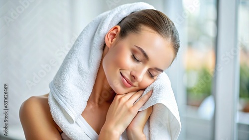 Towel wrapped around a young woman s neck while she gently dries her face