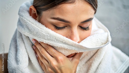 Close up of a towel around a woman's neck as she dries her face