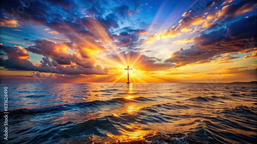 Description A beautiful sunset over a calm ocean representing the open-armed forgiveness of Jesus Christ in Christian faith photo