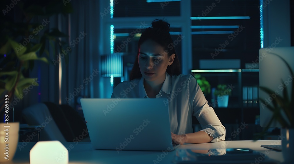 custom made wallpaper toronto digitalStylish Female Working on Laptop Computer in a Company Office in the Evening Young Manager Browsing Internet Shopping Online and Reading Social Media Posts from Friends and Colleagues : Generative AI