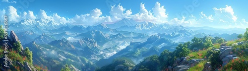 Panoramic landscape of majestic mountains under a clear blue sky filled with fluffy white clouds, surrounded by lush greenery and rocky terrain.