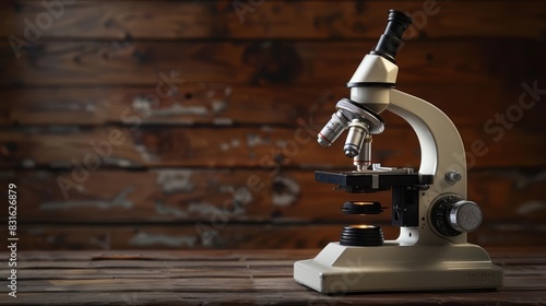 A single microscope on a wooden background with a blurred backdrop suitable for advertising