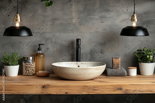 Rustic bathroom interior with wooden countertop  vessel sink  and industrial lighting  creating a warm and inviting atmosphere