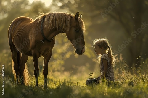 Gentle moment between a child and horse in a serene setting