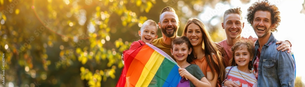 Fototapeta premium Happy diverse family celebrating LGBTQ pride, holding rainbow flag outdoors on a sunny day, symbolizing love, unity, and acceptance.