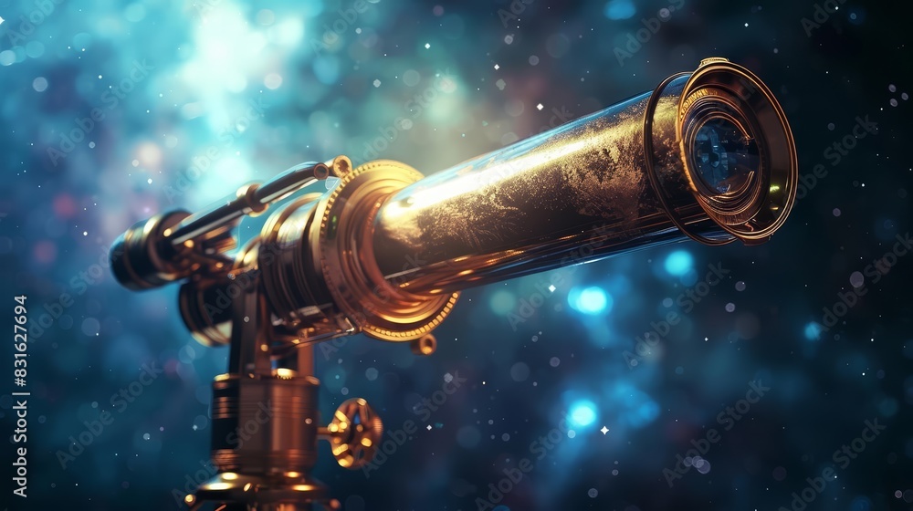 A single telescope with imaginative elements, a unique background, and advanced themes to evoke a sense of wonder with a blurry backdrop and copy space
