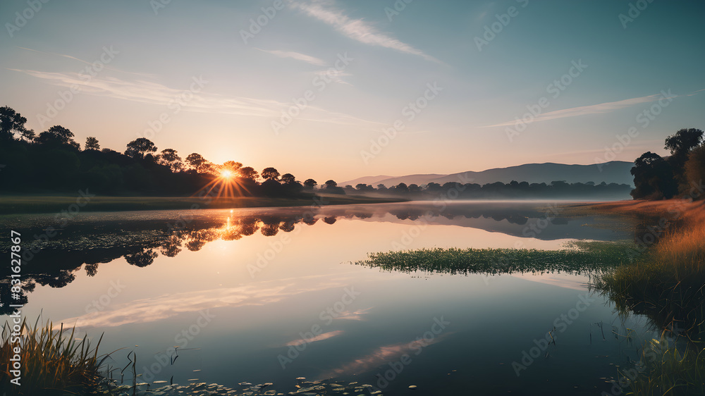 Obraz premium Serene minimalist landscape with reflective water at sunrise, Generative AI