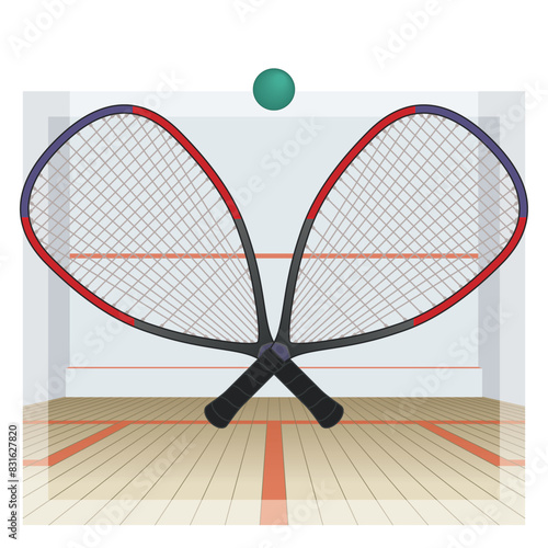 racquetball sport, two racquets crossed with ball centered and racquetball court in the background
