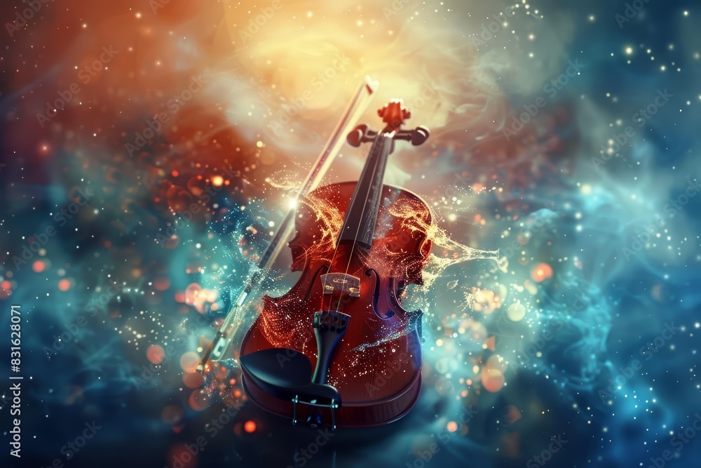 Fototapeta premium A single violin with imaginative elements, a unique background, and advanced themes to evoke a sense of wonder with a blurry backdrop and copy space