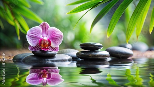 Spa stones and beautiful orchid in serene setting