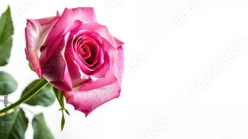 Close-up of pink rose with green leaves on white background