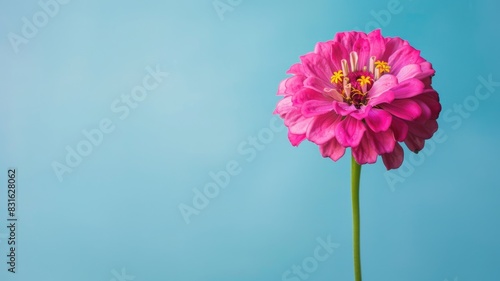 Single pink zinnia flower on blue background