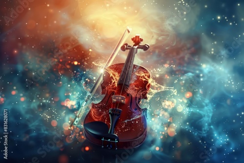 A single violin with imaginative elements, a unique background, and advanced themes to evoke a sense of wonder with a blurry backdrop and copy space