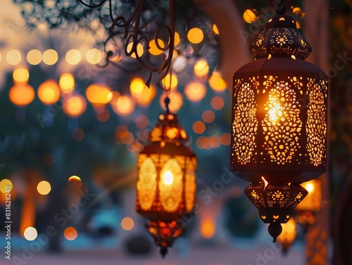 Modern Islamic Eid celebration, lanterns casting soft glow, festive spirit photo