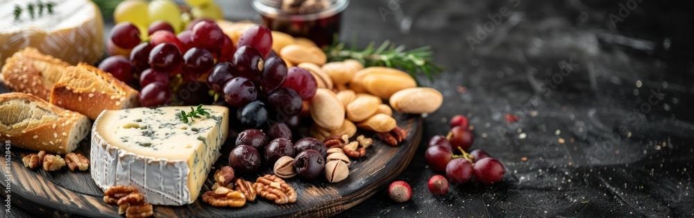 Delicious Cheese Platter with Grapes and Nuts on Square Table: Food Photography Background Delicious Cheese Platter with Grapes and Nuts on Square Table: Food Photography Background