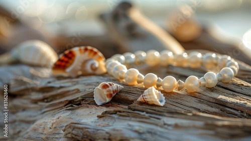 Pearl bracelet on driftwood with various seashells