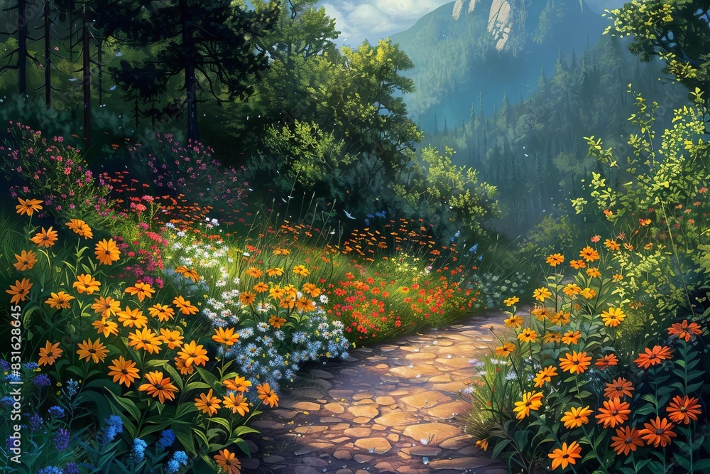 Serene garden path lined with vibrant flowers and lush greenery, leading into a tranquil forest under a radiant sky.
