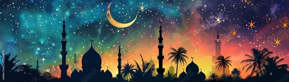 Fototapeta premium Ramadan Kareem card, mosque silhouette, starry night, peaceful vibes