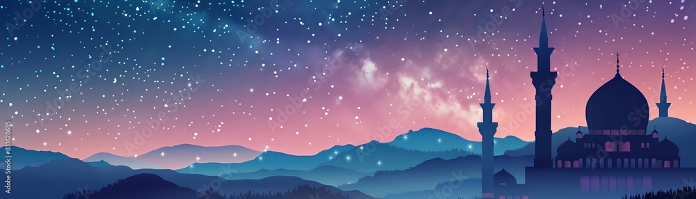 Fototapeta premium Ramadan Kareem card, mosque silhouette, starry night, peaceful vibes