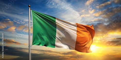 Bent waving flag in colors of the Irish national flag on a plain background