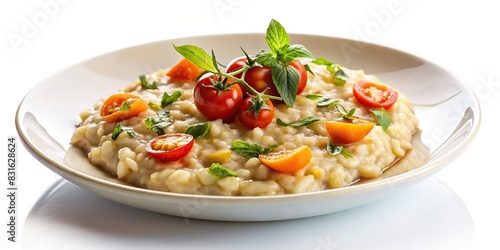 Delicious risotto dish on a clean white background