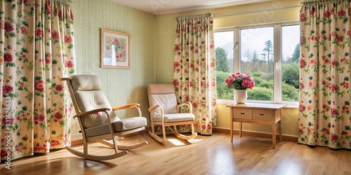 Empty nursing home room with floral curtains and a rocking chair