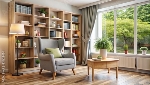 Quiet and cozy corner in a nursing home with a bookshelf and armchair © artsakon