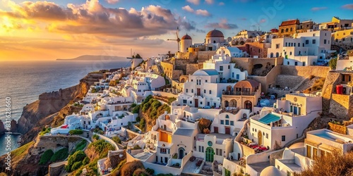 Panoramic view of charming buildings cascading down the cliffside in Oia, Santorini, Greece photo