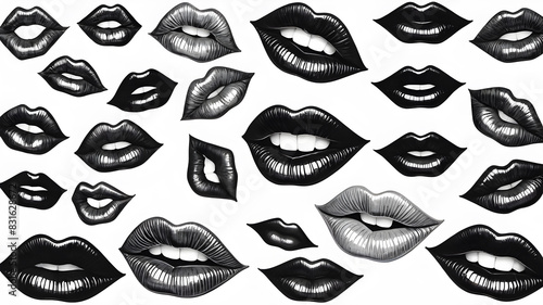 Set of black and white ink drawings of various expressive lips  Generative AI