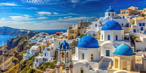 Beautiful traditional white-washed buildings with blue domes in Oia, Santorini, Greece photo