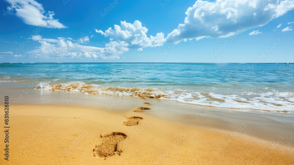 Footprints on sunny sandy beach with clear blue sky Footprints on sunny sandy beach with clear blue sky
