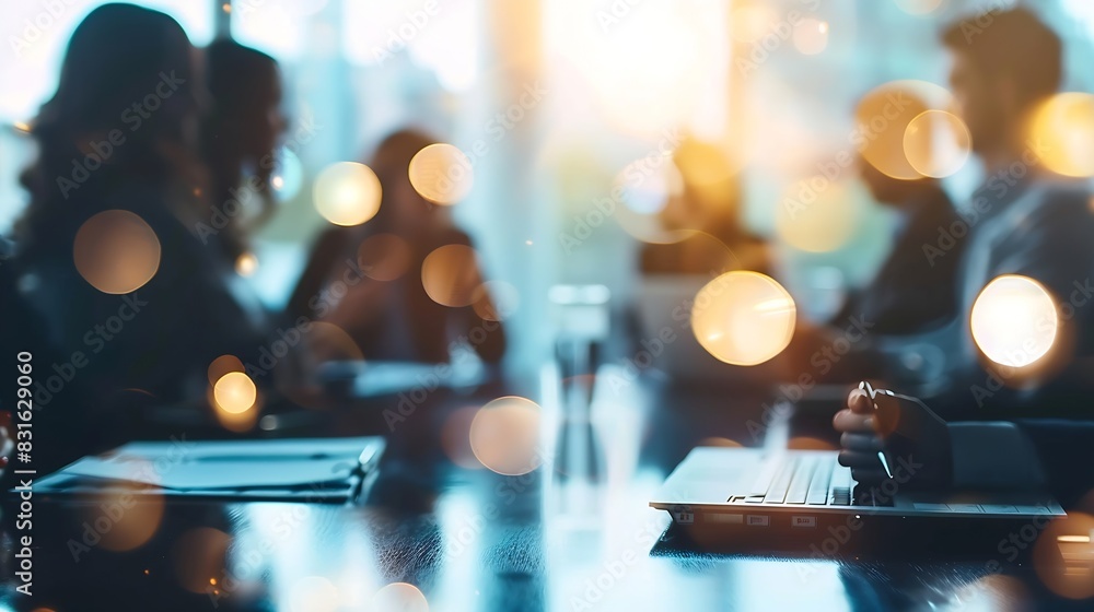 Naklejka premium Defocused bokeh effect positive concept background of unrecognizable people diverse business team meeting of young professionals corporate startup : Generative AI