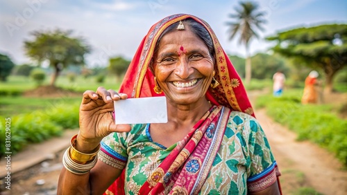 Rural Indian woman holding up a card with a joyful expression photo