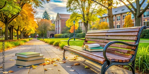 College campus scenery with books laying on a bench photo