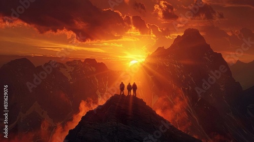 Silhouetted hikers stand on mountain peak during a vibrant sunset, surrounded by dramatic clouds and rugged landscape.